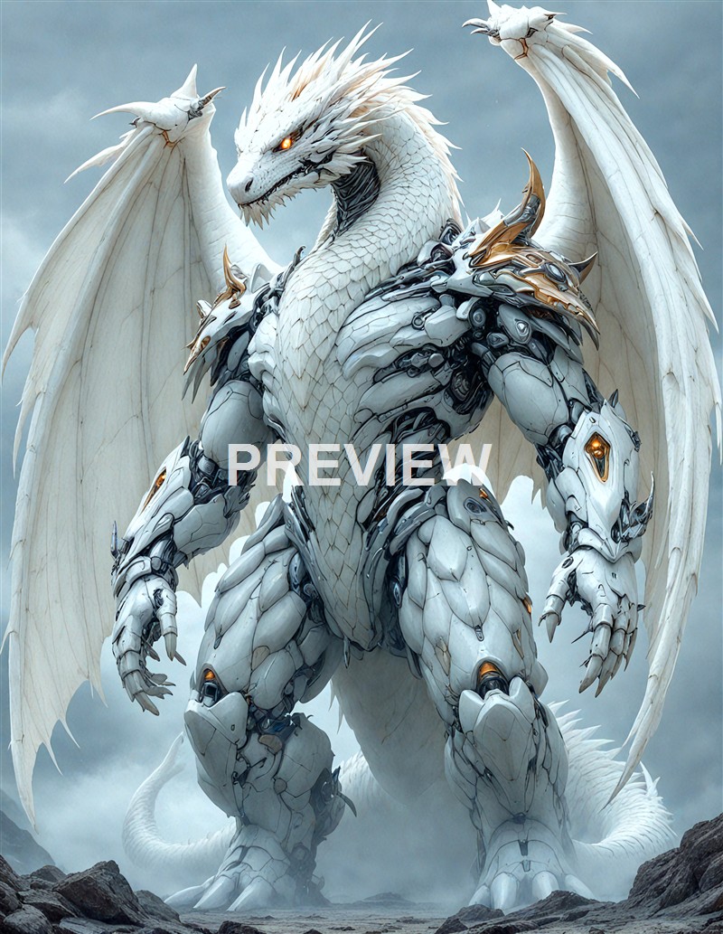 A gigantic, fierce-looking dragon with glowing orange eyes and white scales, combining organic and mechanical features, standing on a rocky terrain with a cloudy sky in the background.